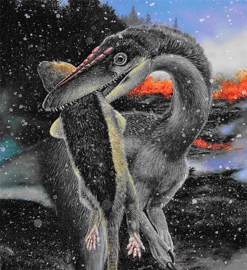 赤道地区恐龙嘴里叼着一个基干哺乳动物，背景是中央大西洋超级火成岩省在潘吉亚大陆赤道地区的喷发，赤道地区因火山冬天下起鹅毛大雪（Larry Felder绘制）的副本.jpg
