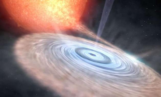 围绕着天鹅座V404黑洞的吸积盘(艺术图)。加那利大型望远镜探测到该吸积盘中存在着强烈的中性物质风